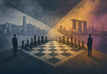 Chessboard positioned between Hong Kong and Singapore skylines, representing strategic wealth hub selection and cross-border financial planning.
