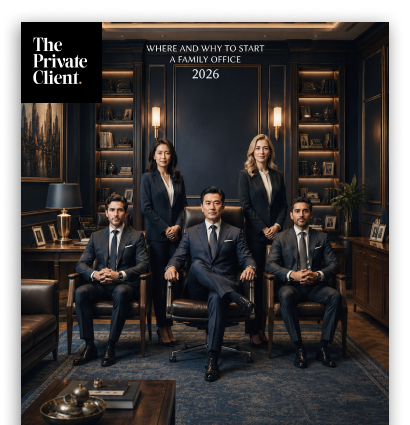Front cover of 'Where and why to start a family office 2026', featuring a group of professionals in a luxury office setting representing family office leadership, governance and wealth management.