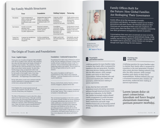 Open magazine spread featuring James Ramsden's editorial and family office insights from 'Where and why to start a family office 2026''.