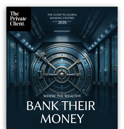Front cover image for The Private Client 2026 'Where the wealthy bank their money' guide, featuring a large bank vault door symbolising global wealth preservation, private banking and asset protection.