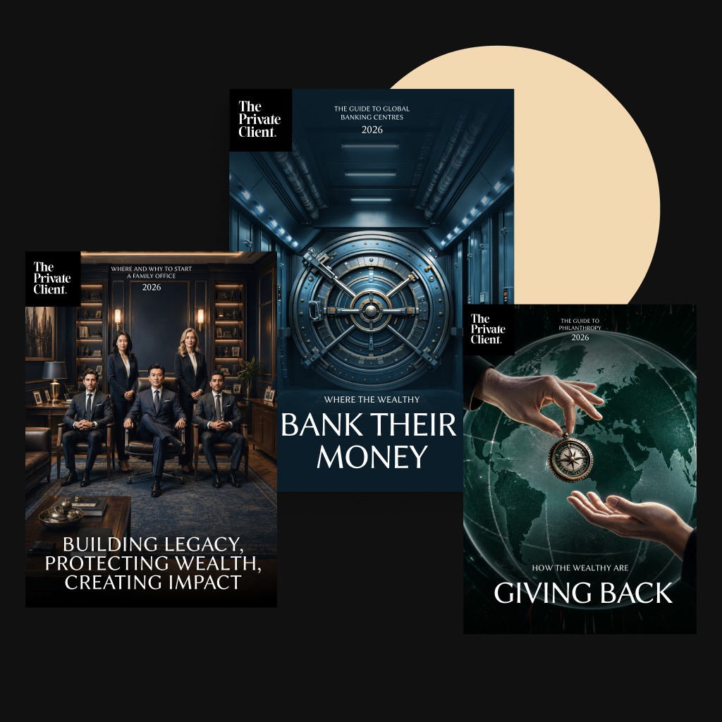 The Private Client publication covers including 'Where the wealthy bank their money', 'Where and why to start a family office 2026' and 'How the wealthy are giving back'.