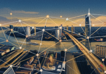 Digital network overlay across a city skyline, representing the digital infrastructure of the modern family office.