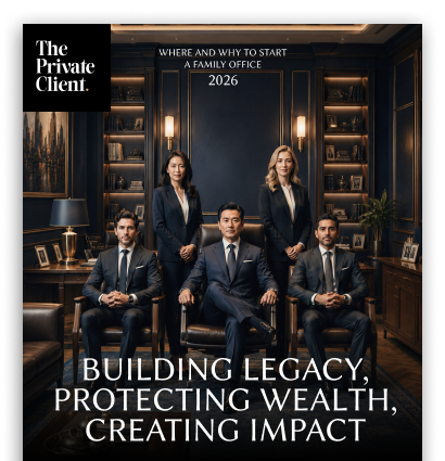 Front cover of 'Where and why to start a family office 2026', featuring a group of professionals in a luxury office setting representing family office leadership, governance and wealth management.