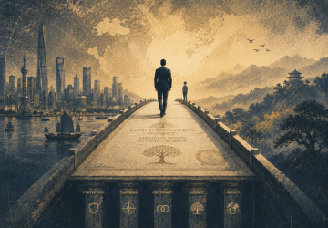 A person walks toward a modern city skyline at sunrise, symbolizing Asia's evolving wealth landscape, legacy planning, and life insurance.
