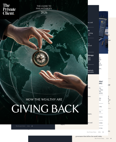 Preview of The Private Client's philanthropy guide showing the cover and selected inside pages on charitable giving, stewardship and impact.
