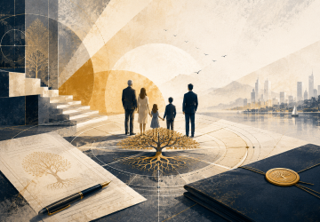 People walking toward a modern city skyline, symbolising family governance, succession planning and long-term wealth stewardship.