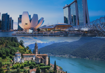 Panoramic collage of major global financial cities, including a modern skyline and waterfront, representing international wealth, banking and cross-border finance.